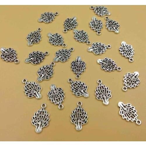 50pcs/lot 12x20mm Zinc Alloy Antique Silver Peacock DIY Charms Pendants