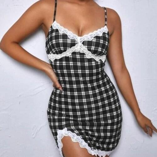 90s Vintage Plaid Print V-neck Split Tight Bodycon Women White Lace Trim Cami Dress Y2K Elegant Lady Casual Mini Dress Outfit