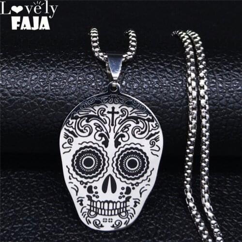 AFAWA Mexican Skull Stainless Steel Chain Necklace Women/Men Silver Color Necklaces Jewelry acero inoxidable joyeria N4007S03