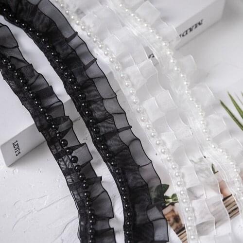 White Black Ruffled Beaded Gauze DIY Trim Chiffon Lace Fabric Sewing Ribbon Lace Collar Applique Lace Womens Clothing