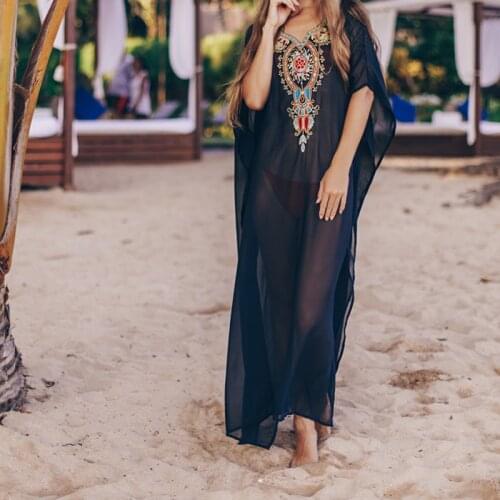 Black Embroidered Summer Beachwear Chiffon Kaftan Beach Woman Tunic Bath Dress Robe plage Swim Wear Cover Up