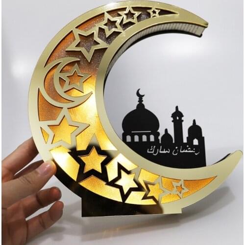 Wooden Eid Mubarak Ramadan Decoration Moon Plate with LED Light Islamic Muslim Party Decor Ornaments Kareem DIY Gift