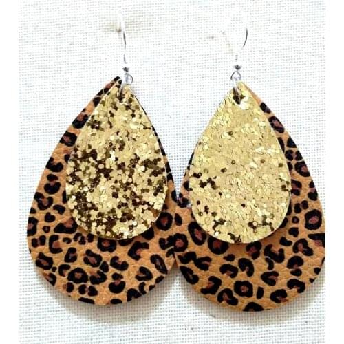 Double Layer Glitter Gold Leopard Print Leather Teardrop Earrings Animal Print Large Leaf Earrings Valentines Day Gift