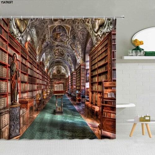 European Architecture Library Shower Curtain 3D Retro Bookshelves Creative Books Bathroom Supplies Cloth Curtains Decor Washable