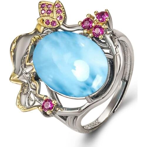 Resizable Rings 925 Sterling Silver With Two Tone 14K Yellow Gold Plated Natural Larimar Flower Rings For Women Gift