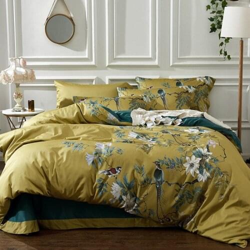 4pcs Bedding Set Printed Birds Pure Ctton Silky Soft 200X230cm Duvet Cover Family Size US King Queen Size180x200cm Flat Bedsheet