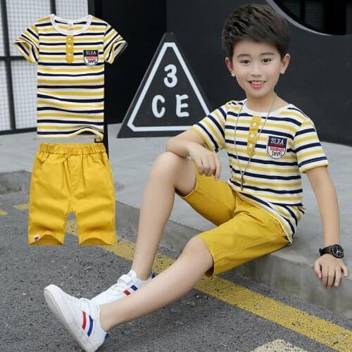 Boys Short Sleeve Suit Summer Childrens Striped Clothing Set Male Kids Sports Clothes T-shirt + Middle Pants 2 Pcs Twinset X455