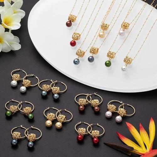 Cring Coco Pink color Pearl Trendy Jewelry Sets Hawaiian Polynesian Frangipani Pendant Necklaces Hoop Earrings Set for Women