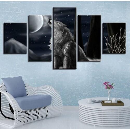Wall Art Poster Home Decor Canvas Modern 5 Panel Moon Wolf Night View Living Room HD Print Painting Pictures Modular Frame