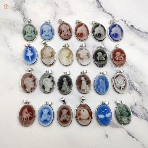 Natural Gem Cameos Sculpture Agate Red Blue Cameo Lady Angel Swan Oval 925 Silver Cameo Pendant Necklace Women Jewelry 15x20mm