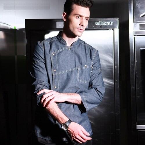 New Denim Chef Cloth Long-sleeved Hotel Restaurant Male kitchen Clothes Chef Uniforms Autumn and Winter Apron