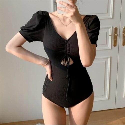 Solid Black Hollow One-piece Swimsuit Women Sexy Lace Up Monokini Swimwear 2021 New Ladies Beach Bathing Swimsuit One Piece