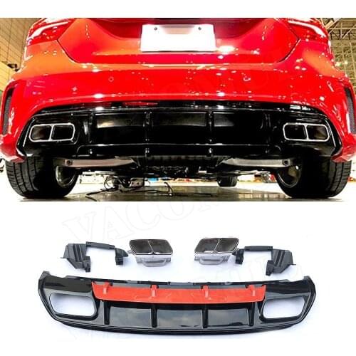 PP Rear Bumper Lip Diffuser with Exhaust Tips 4 Outlet for Mercedes Benz A Class W176 A45 AMG 2013-2019 Back Bumper Plate