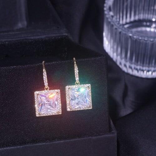 Luxury Shiny Female Zircon Stone Earrings Rose Gold Color Square Crystal Drop Dangle Earrings For Women Wedding Jewelry Gifts