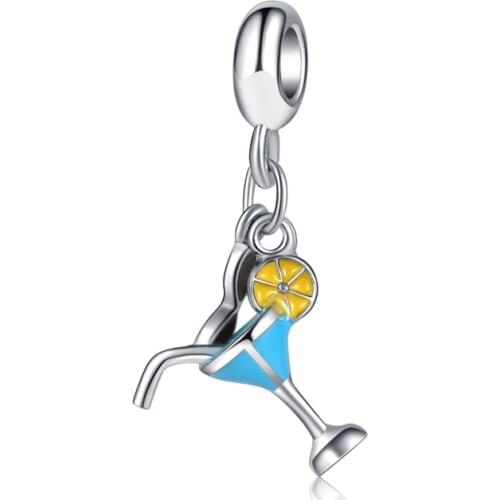 Blue Glaze Cup Cold Drink Pendant Fit Original Pan Charms Bracelet Sunglasses Lemon Slices Beads DIY Jewelry for Women Accessory