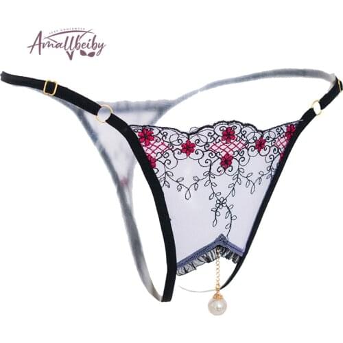 Pearl Pendant Open Thongs Lace Women Underwear Crotchless Embroidery G String Tanga Briefs Lace Transparent Sexy Lingerie