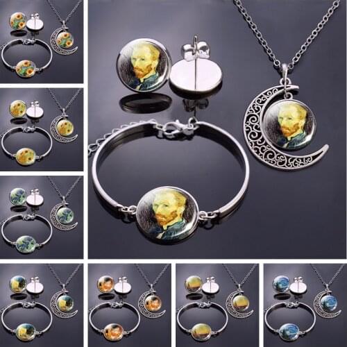 Vintage Van Gogh art Jewelry Set Women Silver Color Necklace& Earrings & Bracelet & Box Packaging Lovers Valentines Day Set Gift