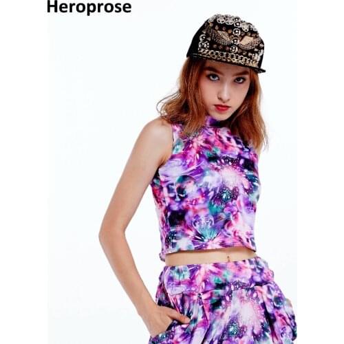 Best Version, Heroprose New Fashion 2018 Women Hip hop dance Tank Top Purple Doodle Sexy Streetwear Cropped High-Necked Vest
