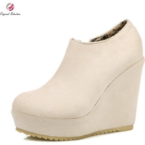 Original Intention Stylish Women Ankle Boots Elegant Platform Round Toe Wedges Boots Black Beige Nice Shoes Woman US Size 3-10.5