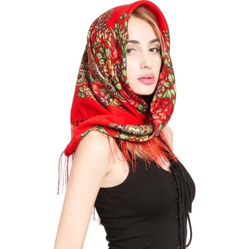 Woman Winter Scarf Russian Shawl Square Head Wraps Babushka Pashmina Female Retro Floral Pattern Tassel Cotton Scarf Hijabs