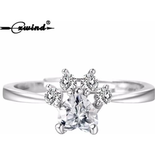 Cxwind Fashion Austrian Crystal Rings For Women Finger Charm Lovely Paw Jewelry CZ Zircon Dog Cat Foot Ring Jewelry Bague