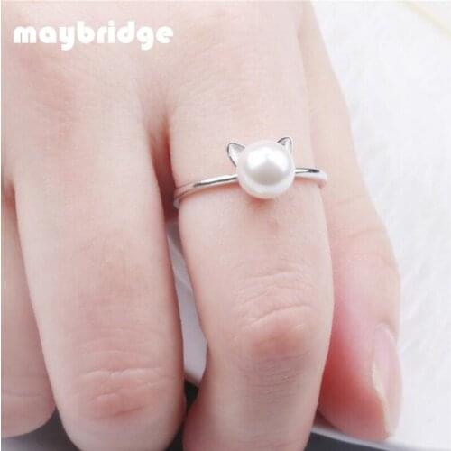 RM012 Lovely Cat Ear Imitation Pearl Finger Ring Women Girl Silver Plated Jewelry Wholesale