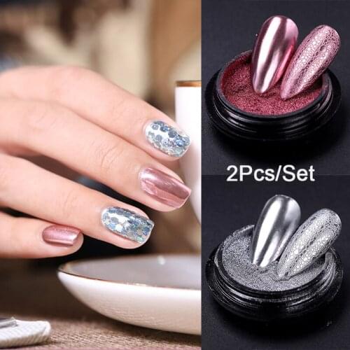 2Pcs Mirror Powder Chrome Metallic Color Pigment Glitter Manicures Nail Dust Color Decoration Black Clear Base Need