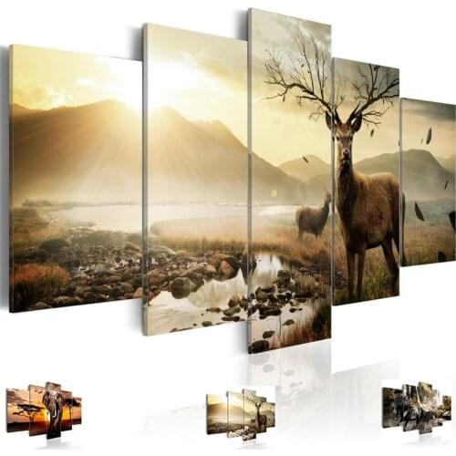 Abstract Canvas Art Painting 5 Pieces Deer Modular Pictures Wall Art Sunset Wilderness Living Room Home Decor Picture