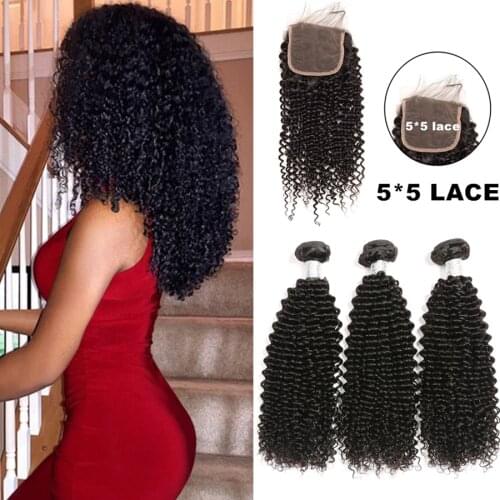 Afro Kinky Curly 3 Bundles With Closure 5x5 Lace Closure With Bundles Brazilian Hair Weave Bundles Free Fast Shipping Remy