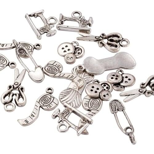 Sewing Knitting Themed Tibetan Style Alloy Pendant Jewelry Accessories Scissor Pipe Pin Yarn Clew Button Sewing Machine Charm 85
