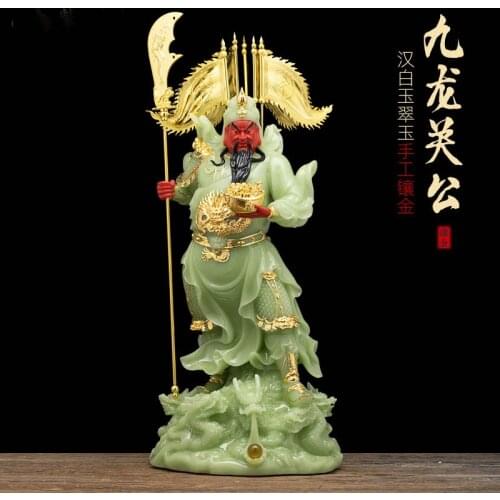 Large Asia high grade GOOD LUCK God of wealth 9 dragons GUAN GONG Mammon jade gilding Buddha statue HOME Shop Company Decoration