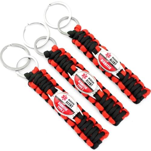 Diabetes Diabetic Type 1 2 Keychain Medical Alert Paracord Survival Key Chain 25*18mm Glass Cabochon Keychain Women Men Jewelry