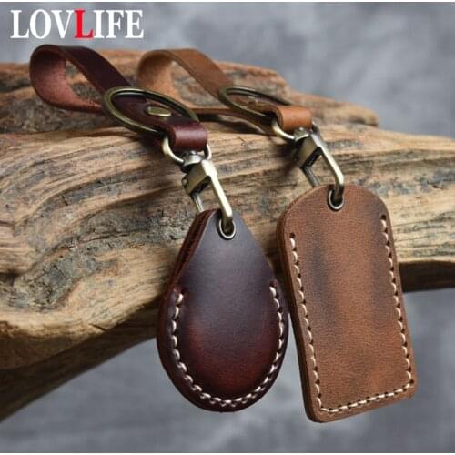 Vintage Leather Access Card Holder Keychain Rectangular Round Water Drop Community Cards Protective Case Key Fob Fashion Keyring
