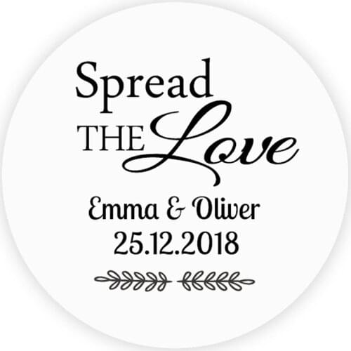DouxArt 100 Pieces Custom Personalized, Spread the Love Wedding Stickers, 40mm Wedding Communion Labels Envelopes Seals P127