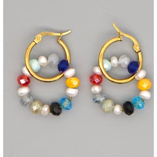 Go2Boho Crystal Earring for Women Jewelry Trendy Ear Ring Jewellery Freshwater Pearl Hoop Earrings Stainless Steel Round Aros