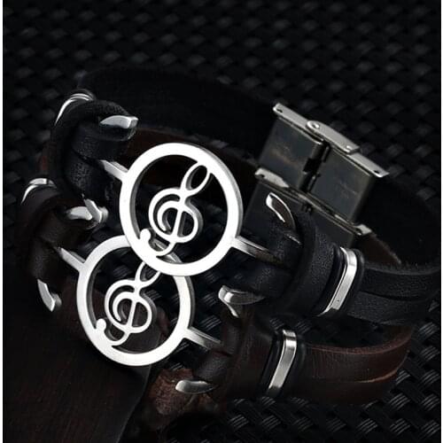 HI MEN New Trend Punk Stainless Steel Musical Notes Bracelet Fashion High Quality Leather Wristband Charm Jewelry Gift Wholesale