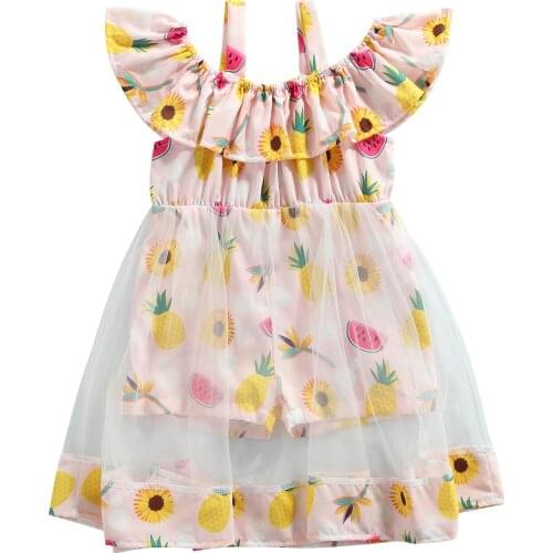 2021 0-6Y Fashion Kids Baby Girls Romper Dress Summer New Sunflower Print Off Shoulder Ruffle Loose Jumpsuit Tulle Dress Holiday
