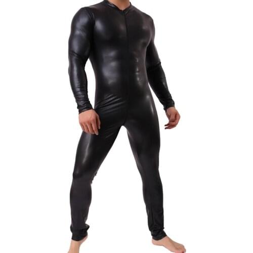 Man Leather Latex Catsuit Bodysuit Black Shiny Erotic Lingerie Bodysuits Body Wear One Piece Jumpsuit Leotard Costumes