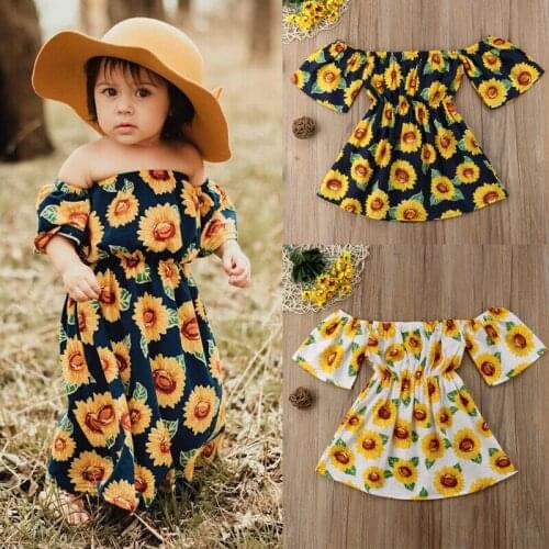 Summer Baby Girls Dresses For Sunflower Print Girls Off Shoulder Party Dress 1-6T Kids Beach Wear Sundress Childrens Clothing