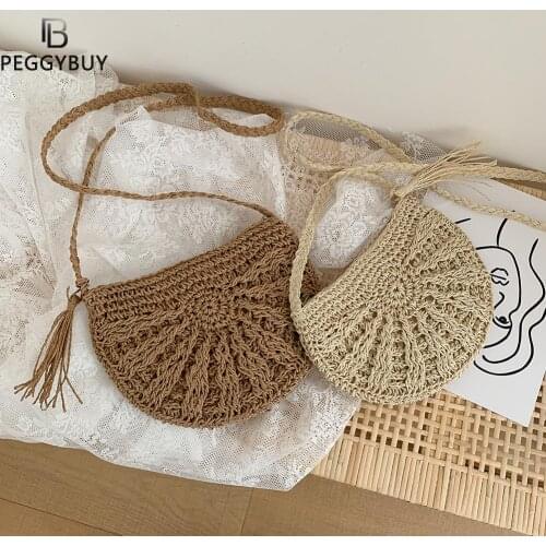 WomenStraw Rope Handmade Woven Small Purse Leisure Zipper Summer Vacation Beach Shoulder Crossbody Messenger Bag