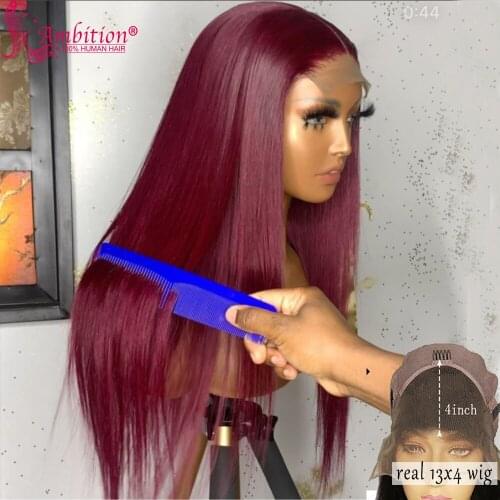 Malaysian Remy Human Hair Wigs Pre plucked Lace Front Wigs Straight 180% Density Lace Wigs Burgundy Bleached Knots Wig for Women