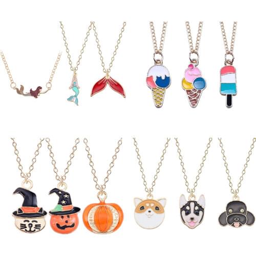 Cartoon Plant Animal Necklaces Pendants Enamel Mermaid Fox Cat Rabbit Planet Heart Necklace Women Girls Kids Jewelry Xmas Gifts