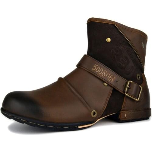 OTTO Men Motorcycle Boots Vintage Combat Boot Winter 2018 New Full Grain Cow Leather Ankle Boots Waterproof Zip Military Boots