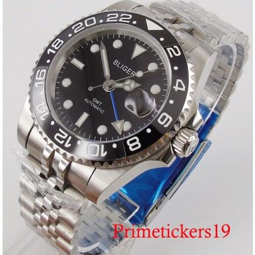 BLIGER Men WristWatch Automatic Sapphire Crystal Auto Date Black Dial GMT Indicator Stainless Steel Case