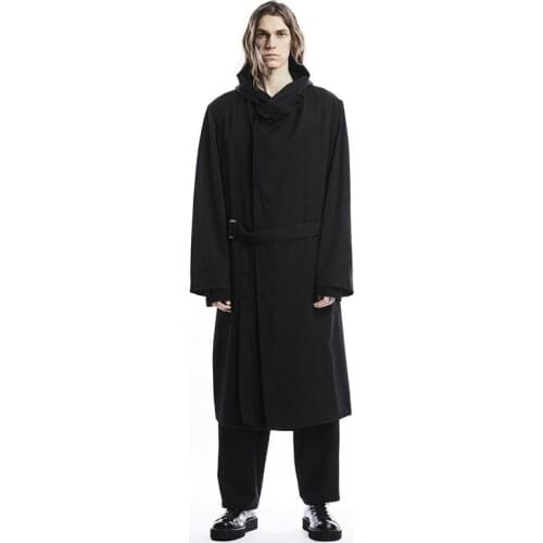 Mens new super loose large size fashion hooded casual mens coat windbreaker belt over the knee woolen coat