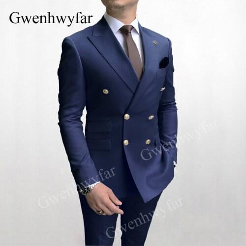 Gwenhwyfar Latest Blazer Pants Design Gold Buttons Men Suits Navy Double Breasted Groom Wedding Tuxedos Peak Lapel Costume Homme