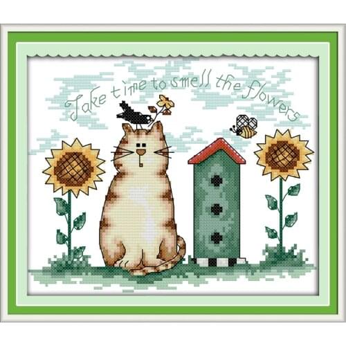 Everlasting Love Sunflower And Cat Chinese Cross Stitch Kits Ecological Cotton Stamped Printed 11CT Gift Decorations For Home