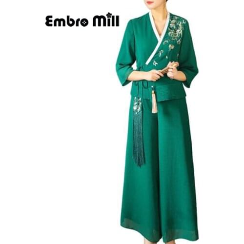 Summer New Chinese Style Hanfu Womens V-neck Embroidered + Tassel Top + Wide-Leg Pants Elegant Tea Party Two-Piece Suit S-XXL