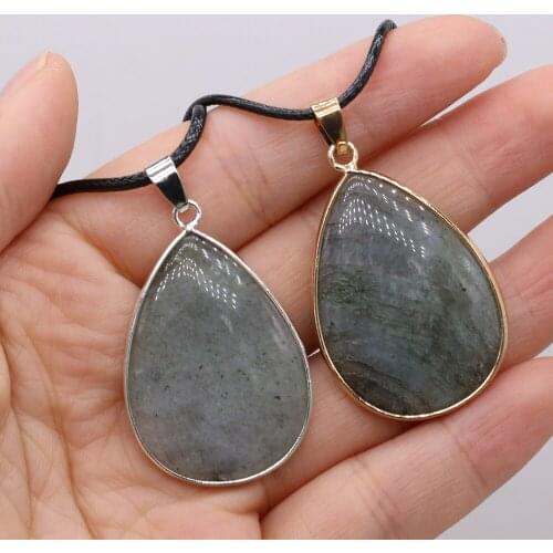 New Natural Flash Labradorite Stone Wax Thread Necklace Pendants Charms for Women Jewelry Accessories Size 23x34mm Length 40cm