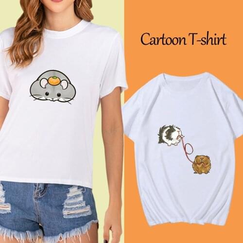 Kawaii Cartoon Print T-shirt Casual Women Harajuku Funny Guinea Pig T Shirt Fashion Tshirt Summer Simple Tees Short Sleeve Tops
